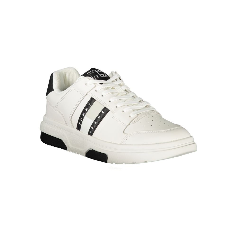 Tommy Hilfiger Bianco men's sneaker with white polyurethane upper and casual athletic design, featuring laces and a rubber sole.