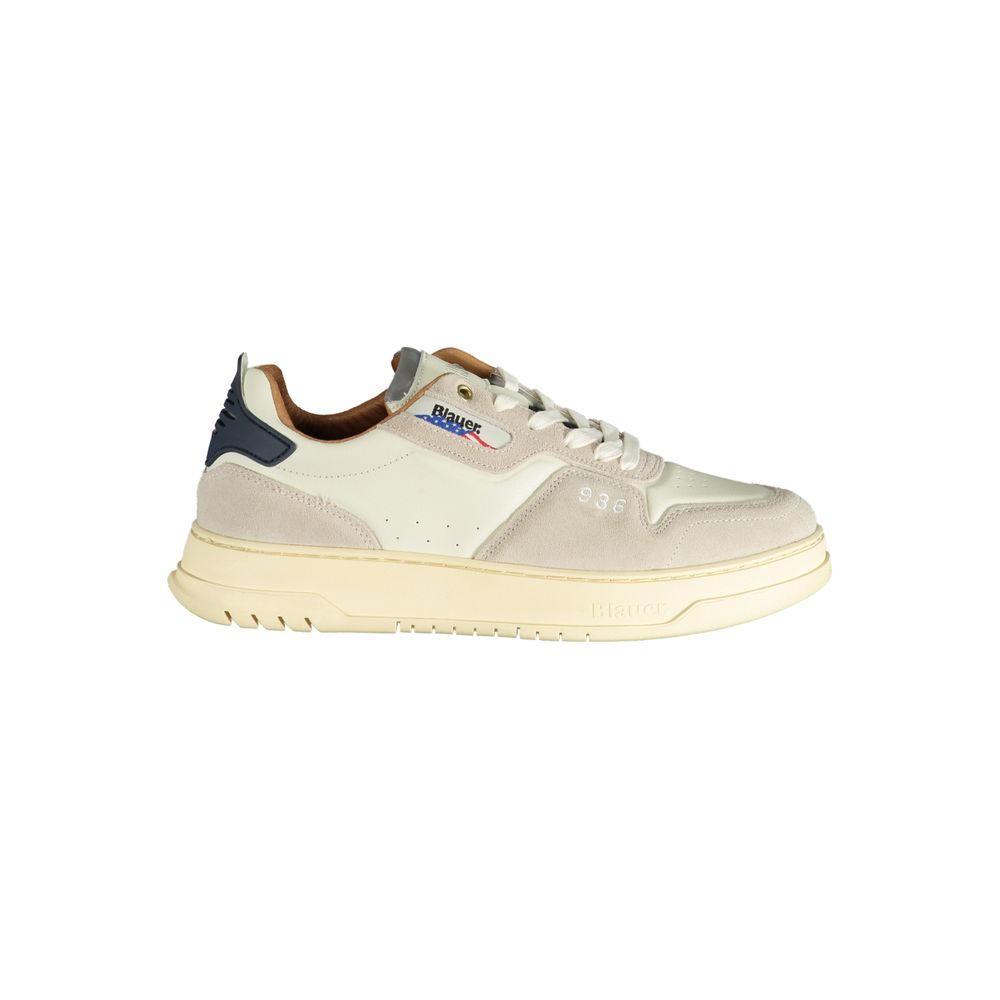 Black and white Blauer men's sneaker with polyurethane upper and lace-up design, positioned on a plain white background.