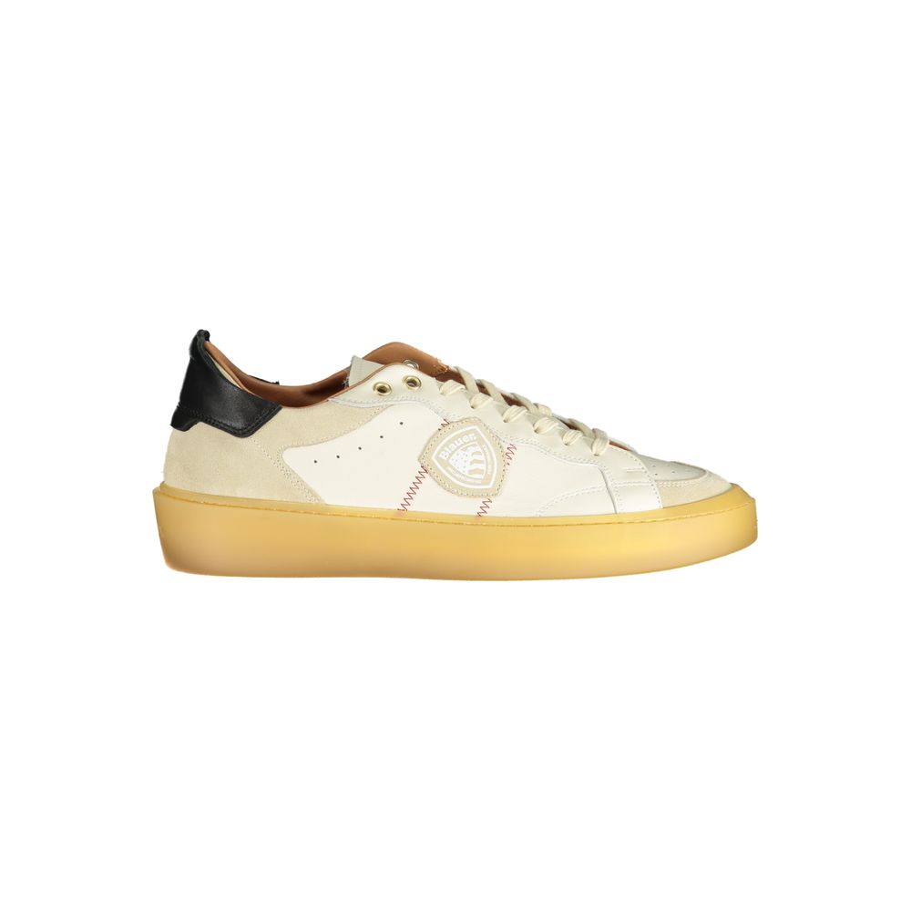White leather men's sneaker by Blauer with sleek design and white laces, perfect for casual or athletic wear.