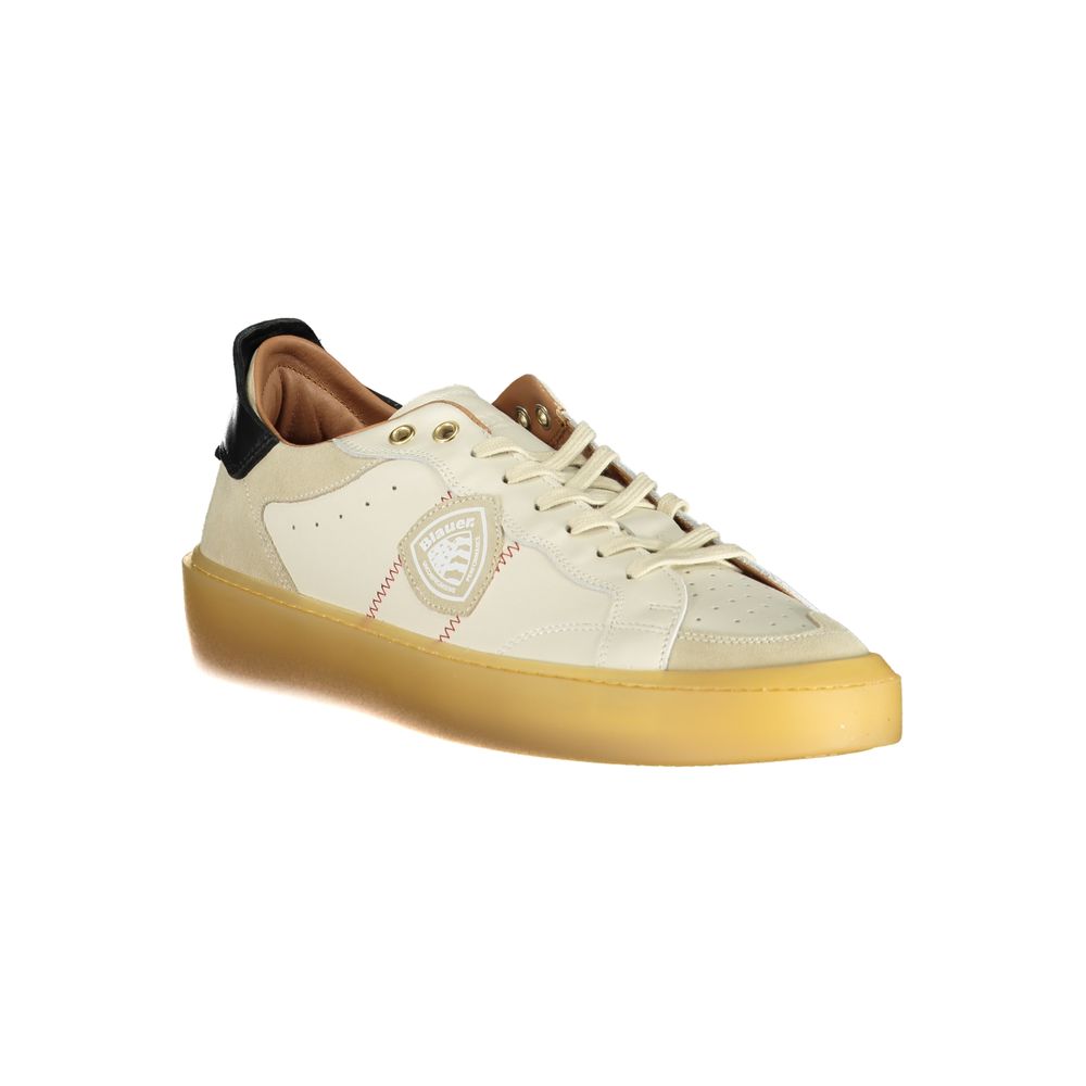 White leather men's sneaker by Blauer with sleek design and white rubber sole, perfect for casual and sporty looks.
