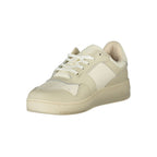 Tommy Hilfiger beige polyester athletic sneakers with white sole and branding details, designed for sports and casual wear.
