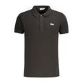 Black cotton men's polo shirt by Fila, featuring a classic collar and short sleeves, displayed on a plain background.