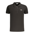 Black cotton men's polo shirt by Fila, featuring a classic collar and short sleeves, displayed on a plain background.