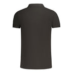 Black cotton men's polo shirt by Fila, featuring a classic collar and short sleeves, displayed on a hanger.