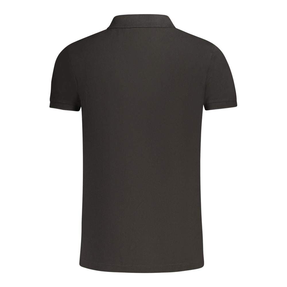 Black cotton men's polo shirt by Fila, featuring a classic collar and short sleeves, displayed on a hanger.