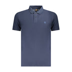 Timberland men's blue cotton polo shirt with a classic collar and short sleeves, featuring the Timberland logo on the chest.