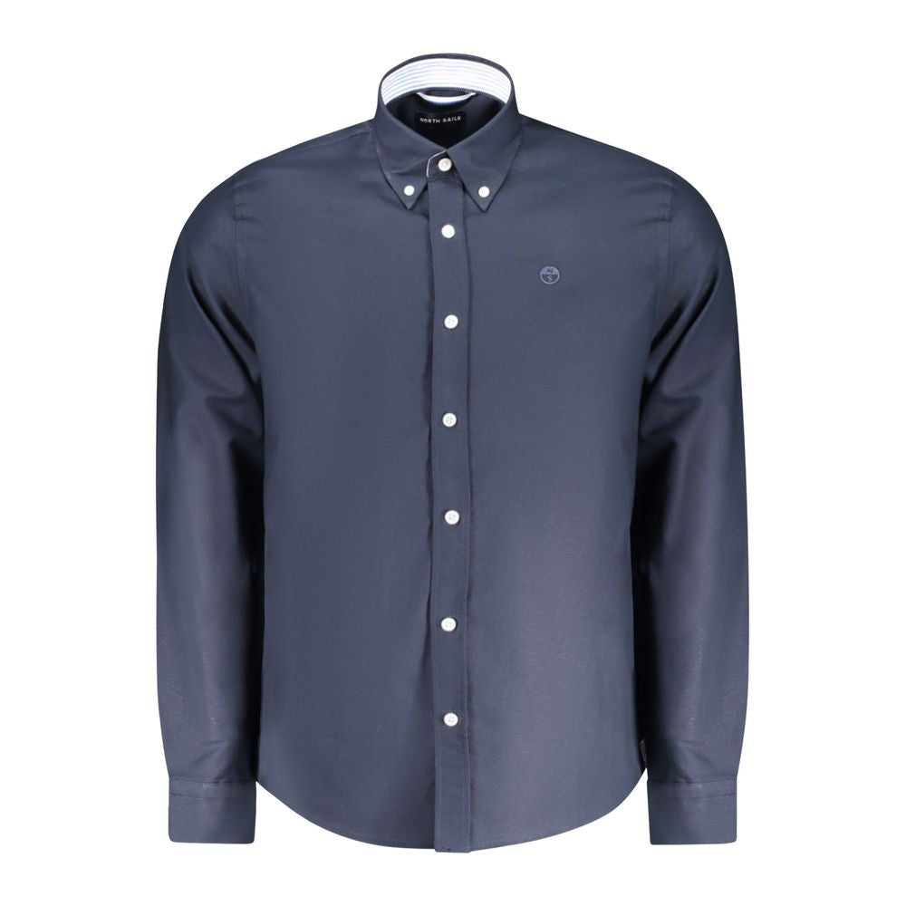 North Sails blue cotton men's shirt with collar and long sleeves, displayed on a hanger.