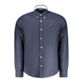 North Sails blue cotton men's shirt with collar and long sleeves, displayed on a hanger.