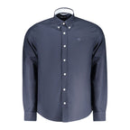 North Sails blue cotton men's shirt with collar and long sleeves, displayed on a hanger.