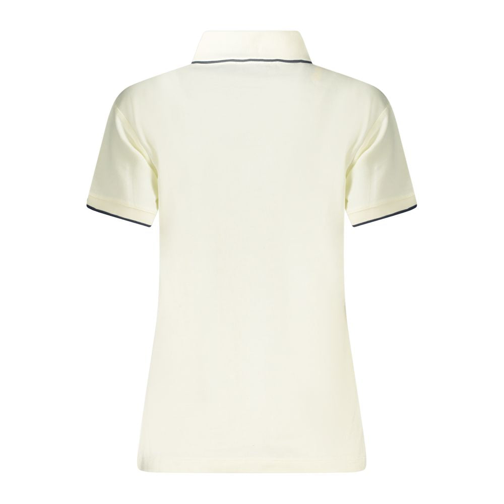 North Sails white modal women's polo shirt displayed on a hanger, showcasing a classic collar and short sleeves.