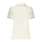 North Sails white modal women's polo shirt displayed on a hanger, showcasing a classic collar and short sleeves.