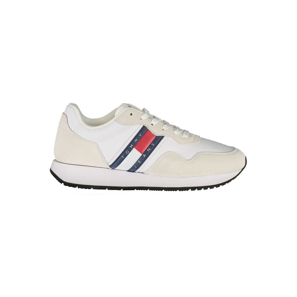 Tommy Hilfiger Bianco leather men's sneaker with white design and sleek style, featuring the brand's logo on the side.