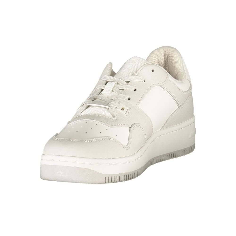 Tommy Hilfiger white polyurethane men's sneaker with sleek design and white laces, casual athletic footwear.