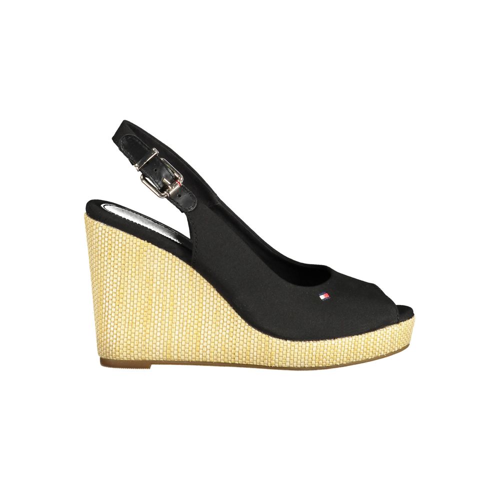 Black polyester women’s sandal by Tommy Hilfiger with open toe and ankle strap, stylish and comfortable footwear.
