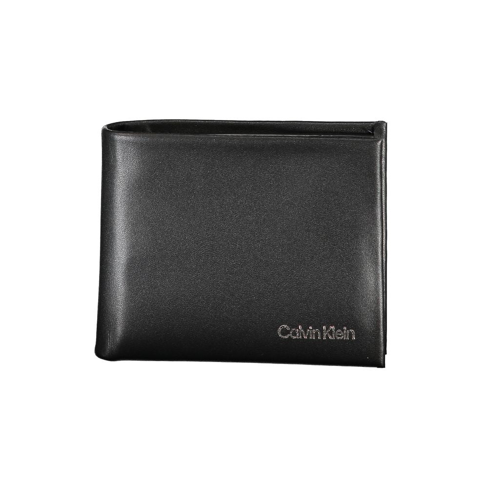 Calvin Klein black polyurethane men's wallet with multiple card slots and a sleek, minimalist design.