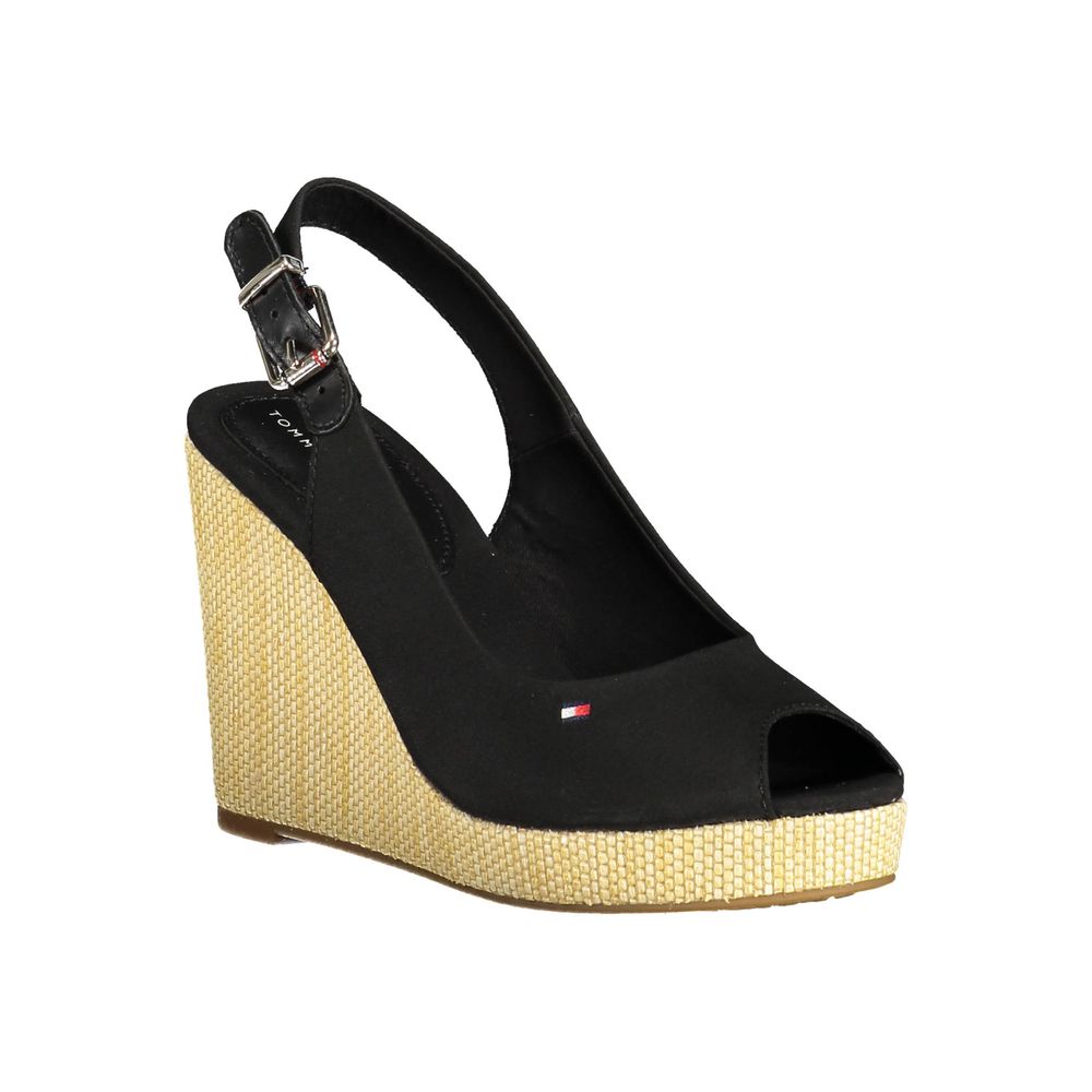 Tommy Hilfiger black polyester women's sandal with open toe and ankle strap, stylish and comfortable footwear.