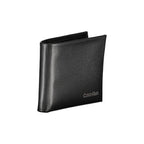 Calvin Klein black polyurethane men's wallet with multiple card slots and a sleek, minimalist design.