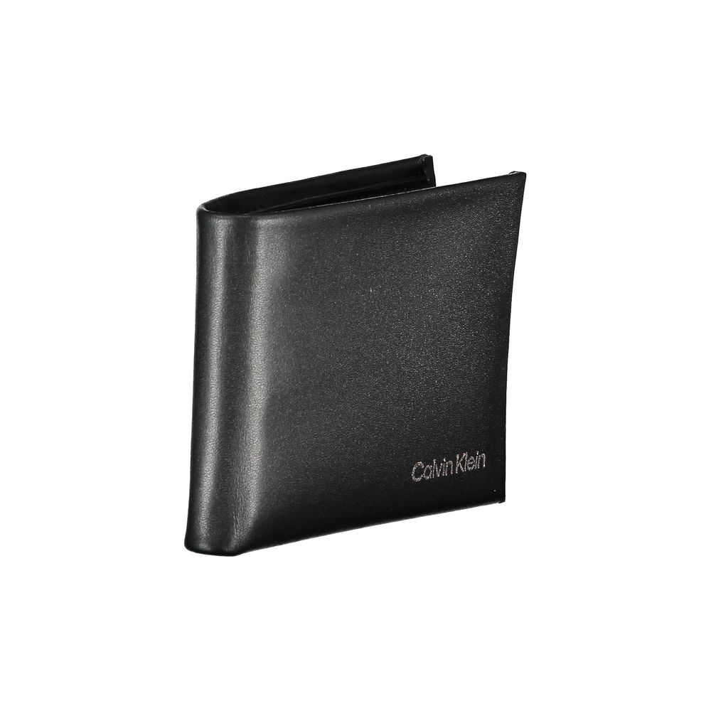 Calvin Klein black polyurethane men's wallet with multiple card slots and a sleek, minimalist design.
