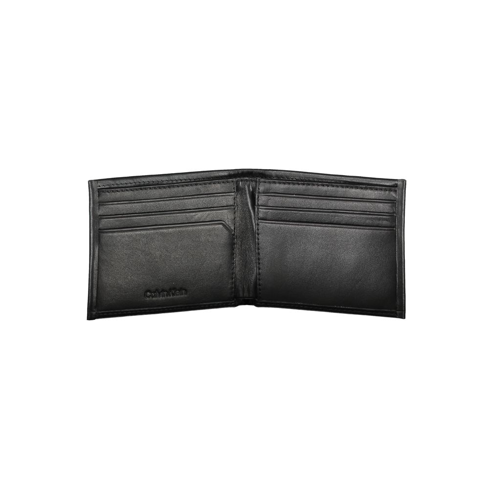 Calvin Klein black polyurethane men's wallet showing multiple card slots and sleek design.