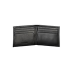 Calvin Klein black polyurethane men's wallet showing multiple card slots and sleek design.