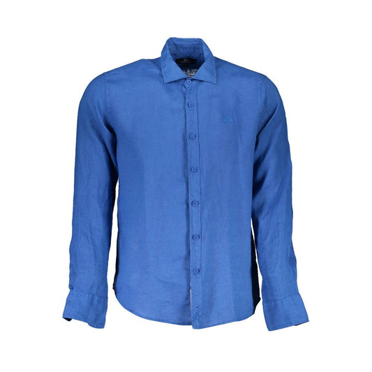 La Martina Blu Linen Men Shirt La Martina