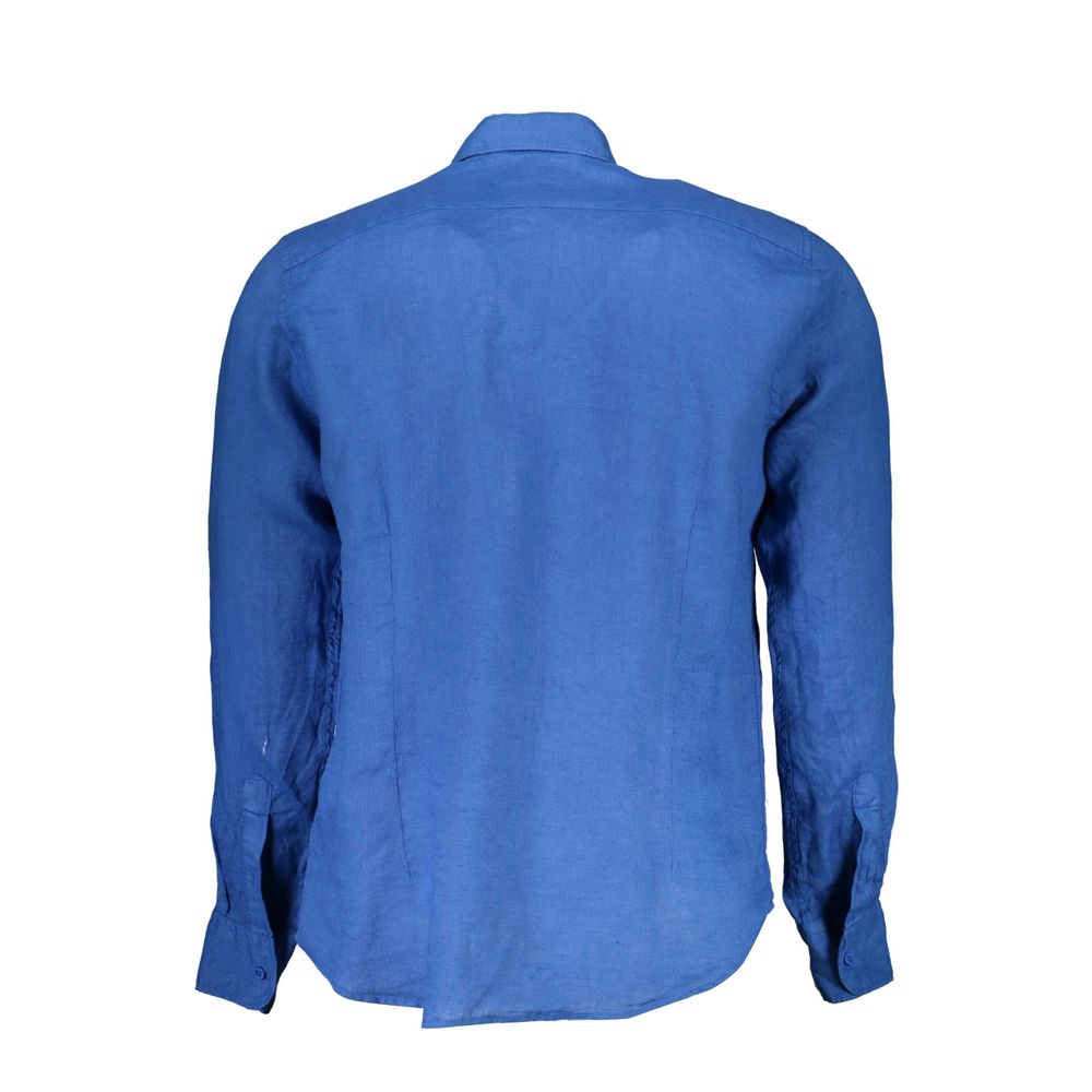 Men's La Martina Blu Linen Shirt with a classic fit, featuring a button-down collar and short sleeves, ideal for casual summer wear.