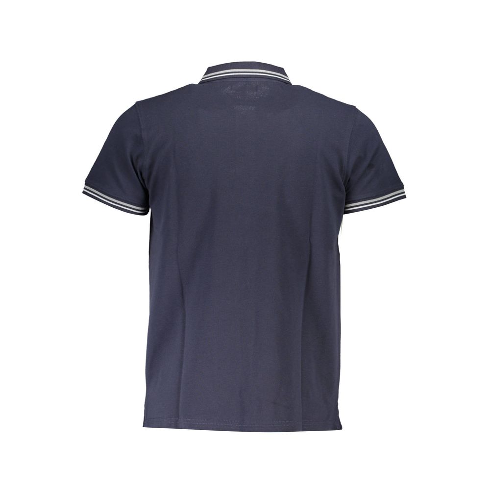 Cavalli Class Blu cotton men's polo shirt with a classic collar and short sleeves, displayed on a hanger.