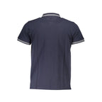 Cavalli Class Blu cotton men's polo shirt with a classic collar and short sleeves, displayed on a hanger.