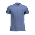Blue cotton men's polo shirt by Timberland, featuring a classic collar and short sleeves, displayed on a plain background.