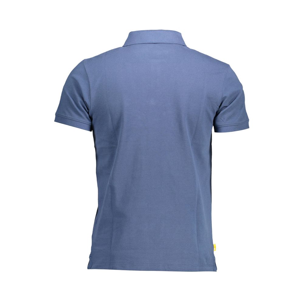 Timberland blue cotton men's polo shirt displayed on a hanger, showcasing its classic collar and short sleeves.