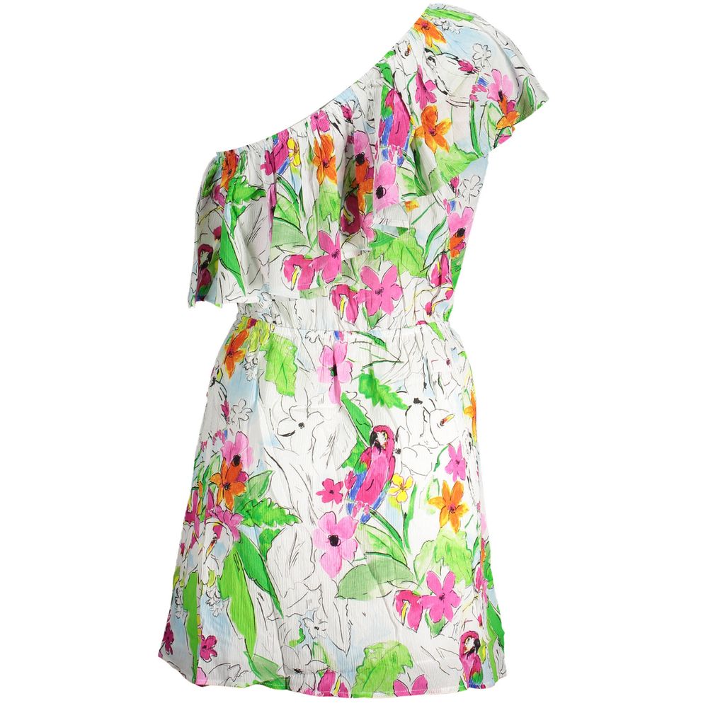 White Desigual women's dress made of viscose, featuring a flowy fabric and stylish design.