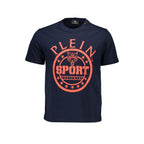 Blue cotton men's T-shirt by Plein Sport, featuring a classic fit and branding detail, displayed flat on a plain background.