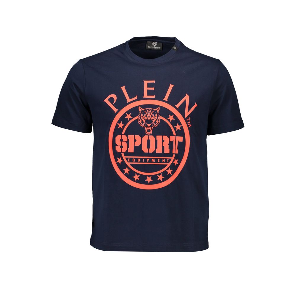 Blue cotton men's T-shirt by Plein Sport with a relaxed fit and crew neckline, displayed flat on a white background.