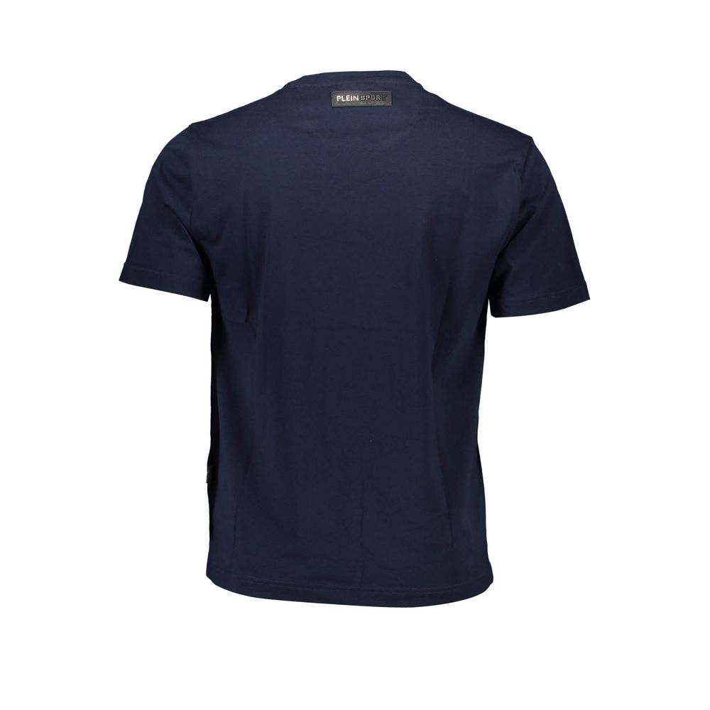 Blue cotton men's T-shirt by Plein Sport featuring a casual fit and crew neckline, displayed flat on a white background.