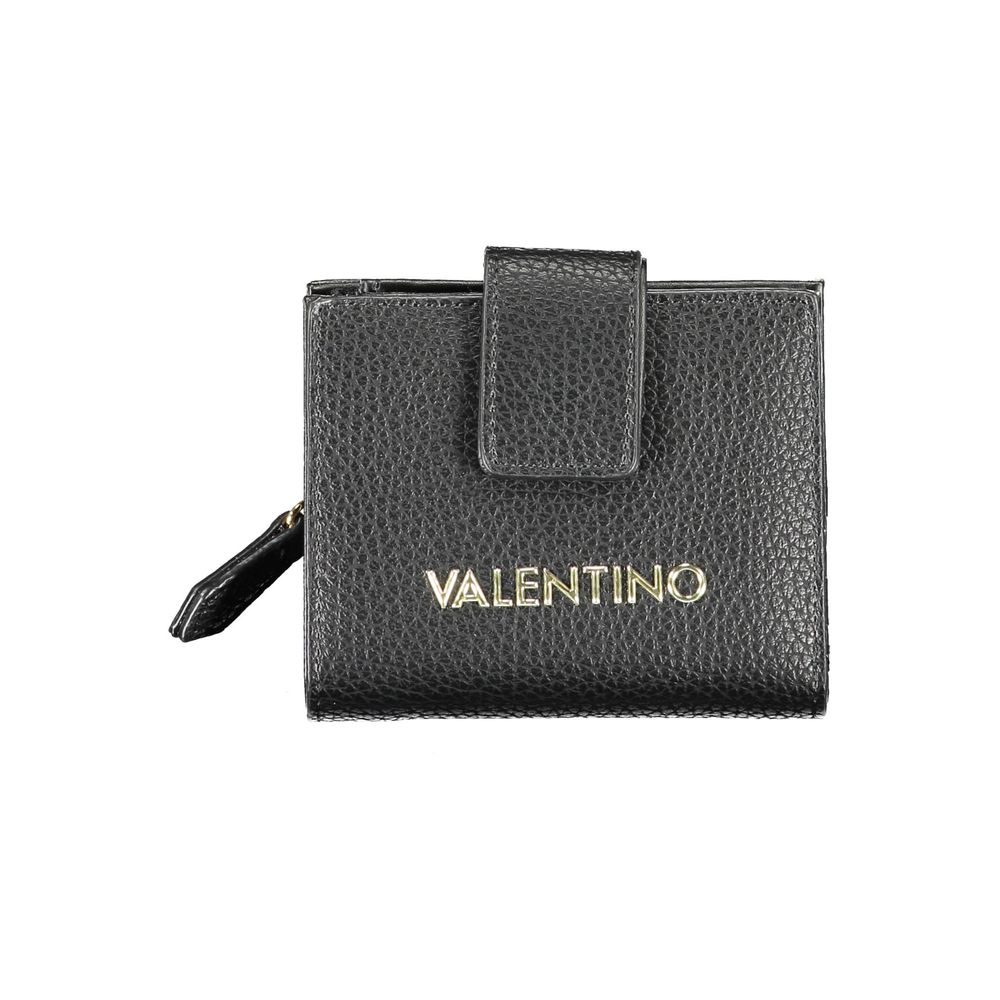 Mario Valentino black polyurethane women's wallet with multiple card slots and a sleek, minimalist design.
