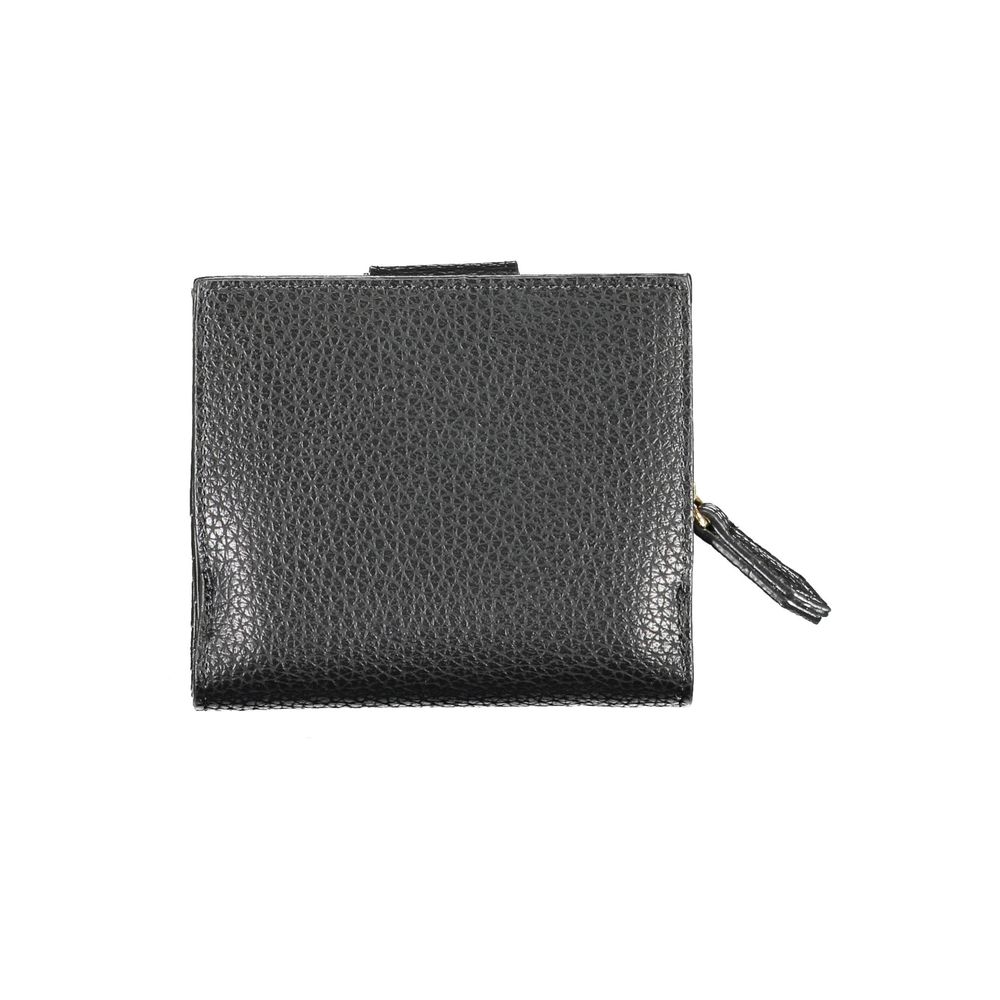 Mario Valentino black polyurethane women's wallet with sleek design and multiple card slots.