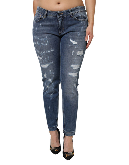 Dolce & Gabbana Blue Tattered Cotton Low Waist Denim Jeans Dolce & Gabbana