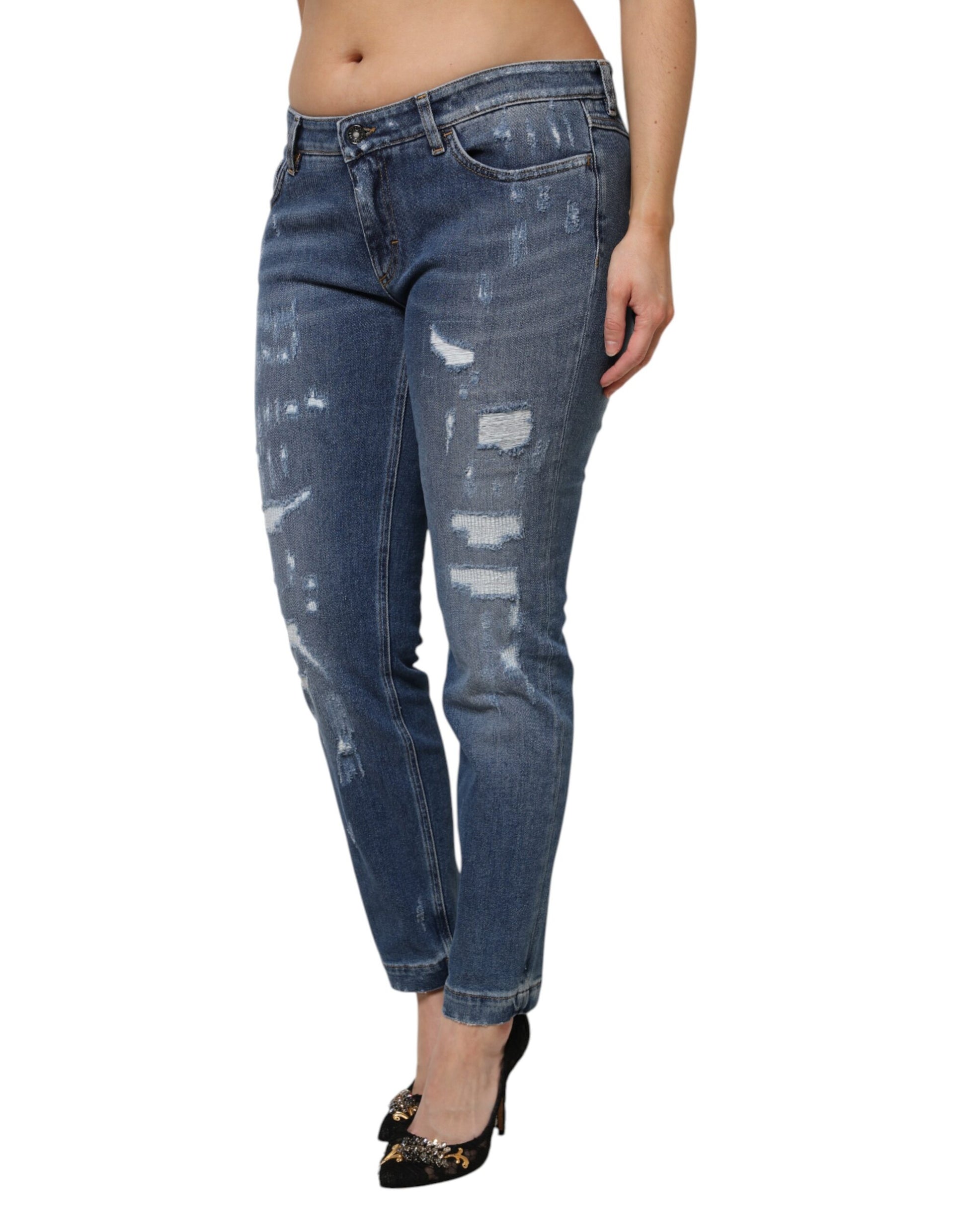 Dolce & Gabbana Blue Tattered Cotton Low Waist Denim Jeans Dolce & Gabbana
