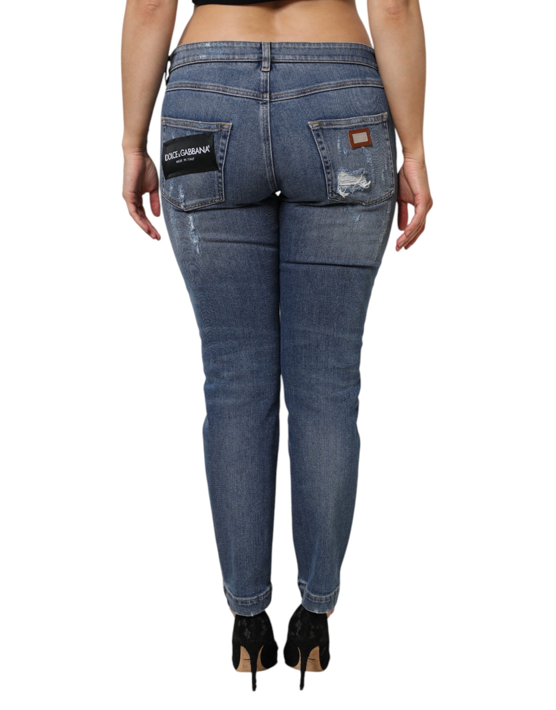 Dolce & Gabbana Blue Tattered Cotton Low Waist Denim Jeans Dolce & Gabbana