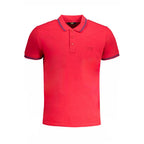 Red cotton men's polo shirt by Cavalli Class, featuring a classic collar and short sleeves, displayed flat on a white background.