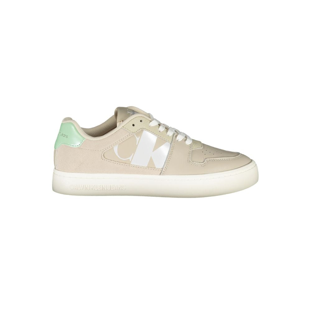 Calvin Klein beige polyurethane women's sneaker with white sole and minimalist design, showcasing casual athletic style.