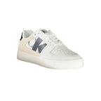 Calvin Klein white polyurethane women's sneaker with sleek design and white laces on clean background.