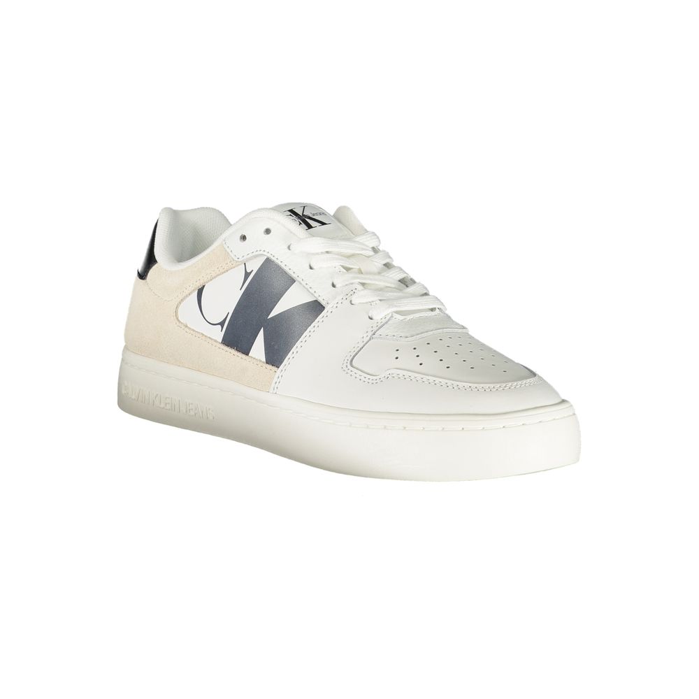Calvin Klein white polyurethane women's sneaker with sleek design and white laces on clean background.