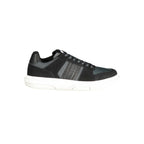 Black leather men's sneaker by Tommy Hilfiger with white sole and subtle logo details.