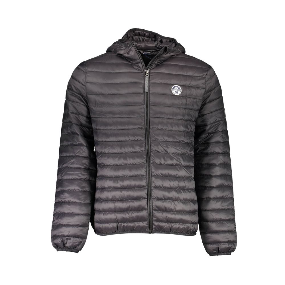 North Sails black polyamide men's jacket displayed on a hanger, showing the sleek design and lightweight fabric.