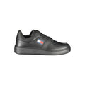 Black leather men's sneaker by Tommy Hilfiger with white rubber sole and sleek design, ideal for casual and sporty looks.