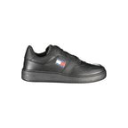 Black leather men's sneaker by Tommy Hilfiger with white rubber sole and sleek design, ideal for casual and sporty looks.