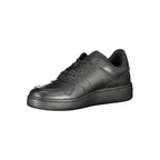 Tommy Hilfiger black leather men's sneaker with white sole, stylish casual footwear, detailed stitching and brand logo visible.