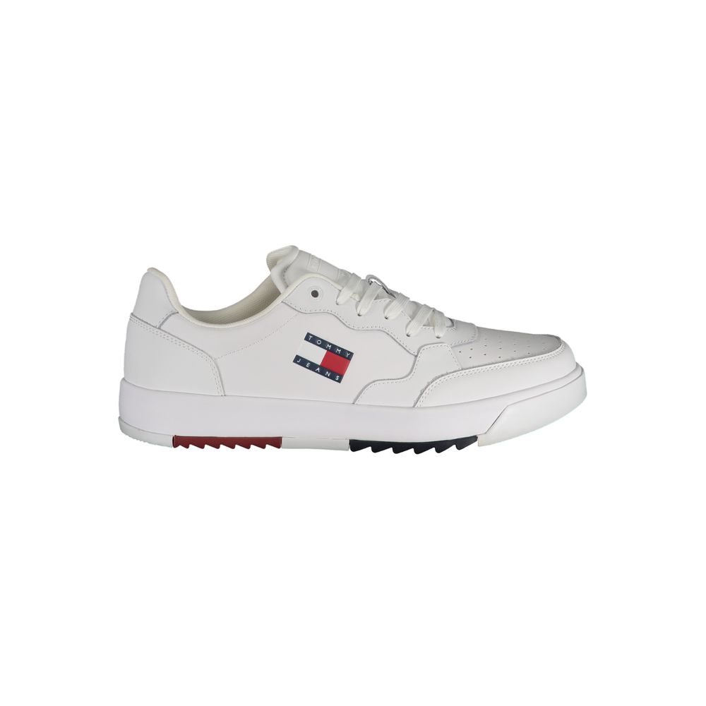 Tommy Hilfiger white polyurethane men's sneaker with sleek design and laces, showcasing casual footwear style.