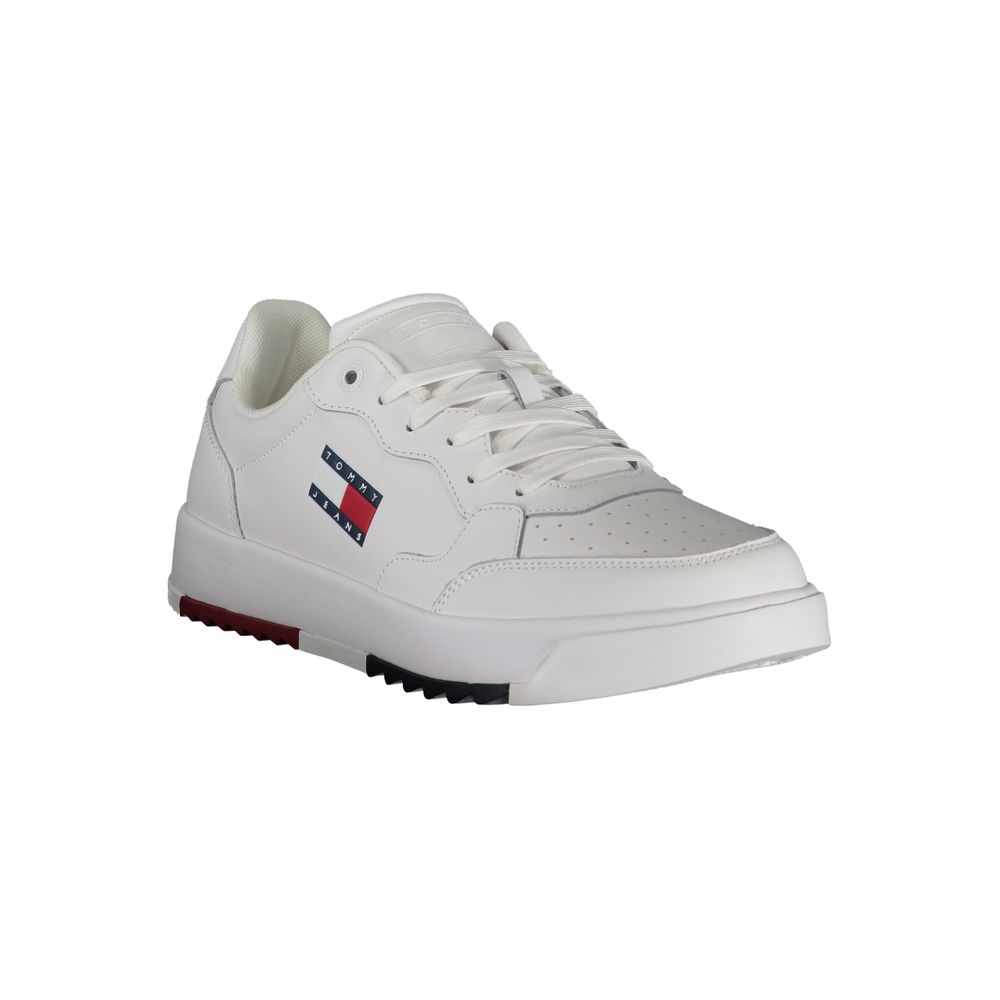 White Tommy Hilfiger men's polyurethane sneaker with sleek design and rubber sole, showcasing a stylish casual footwear option.